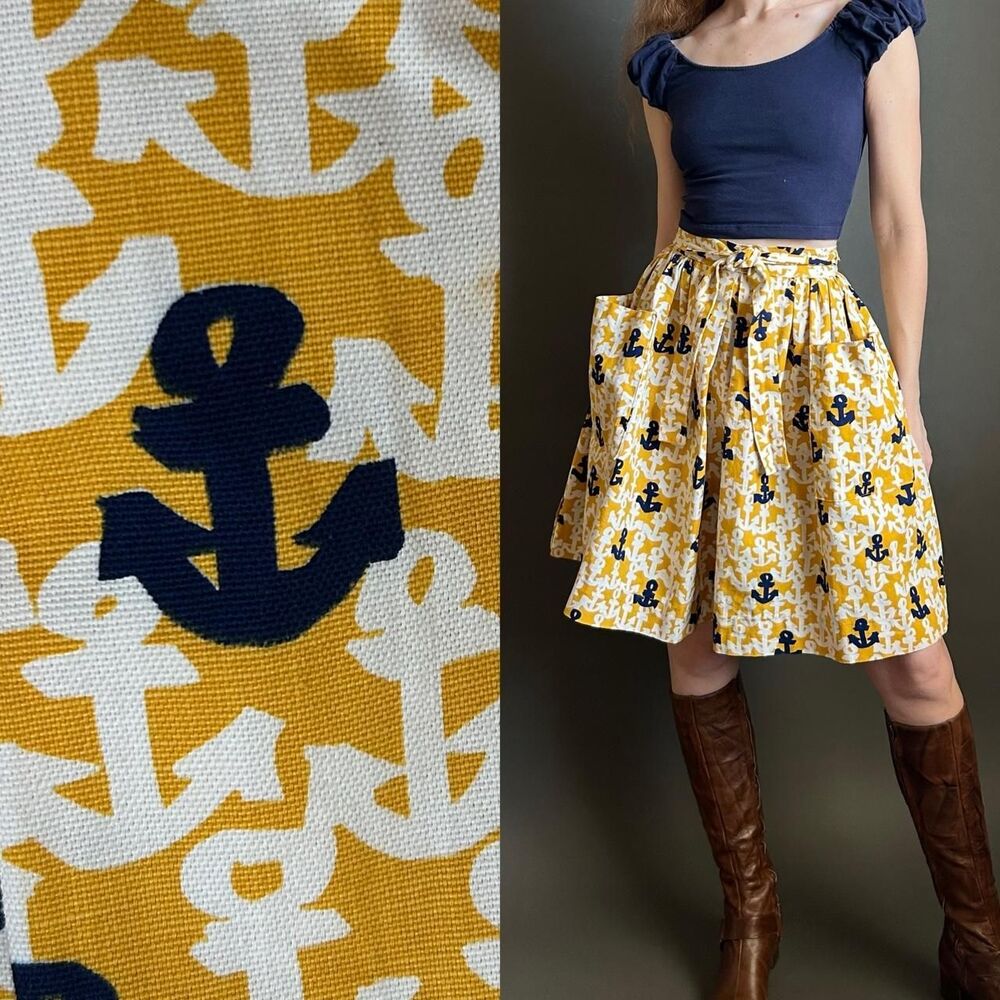 Vintage 1960s Nautical Anchor Print Patch Pocket Wrap Skirt, Small Medium